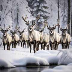 deer in snow herd-of-caribou-in-the-snow