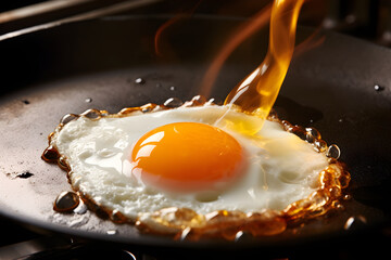 A Vibrant Scene of a Single Egg Being Fried on a Warmly Lit Stove