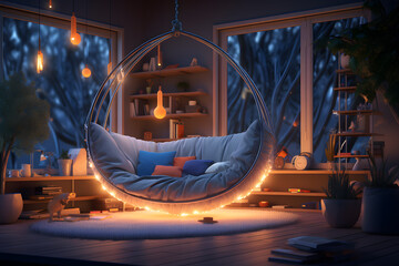 A room with a cozy cocoon swing - obrazy, fototapety, plakaty