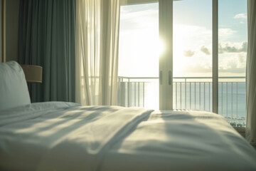 Close-up and front view of an capacious room in a minimalist and elite hotel, overlooking the sea view with beautiful sunlights...
