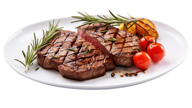 Grilled Beef Steak with tomatoes and rosemary isolated on transparent and white background.PNG image.