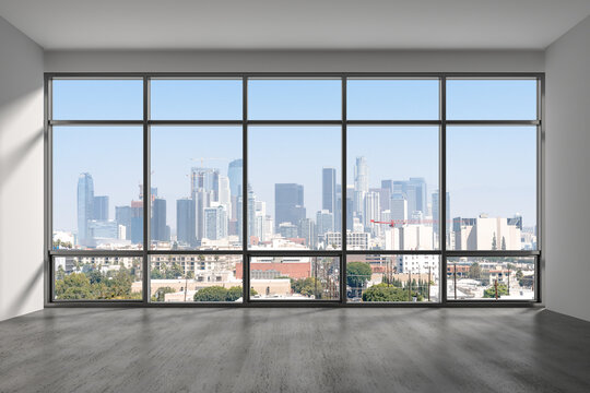 Downtown Los Angeles City Skyline Buildings from High Rise Window. Beautiful Expensive Real Estate overlooking. Epmty room Interior Skyscrapers View Cityscape. day time. California. 3d rendering.