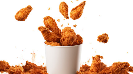 Fried chicken flying out of paper bucket isolated on transparent and white background.PNG image.