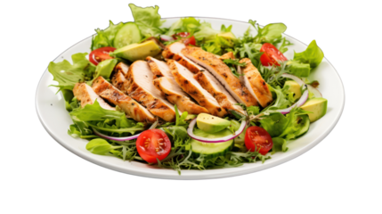 Fresh green salad with chicken breast,isolated on white background 