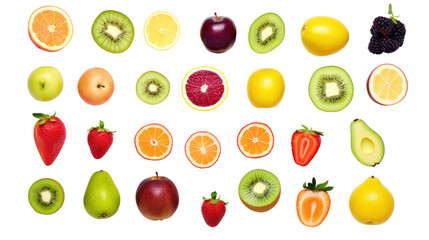 Assortment of different fruits and berries, flat lay, top view,isolated on transparent and white background.PNG image.