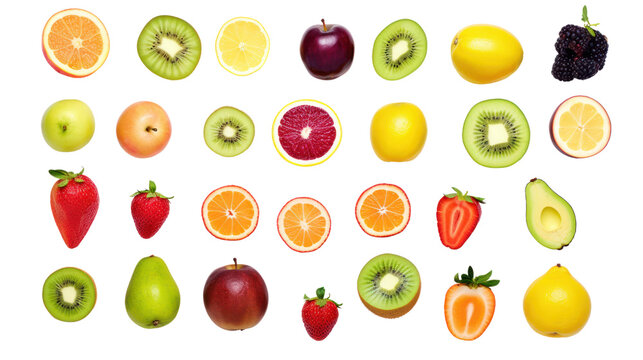Assortment of different fruits and berries, flat lay, top view,isolated on transparent and white background.PNG image.