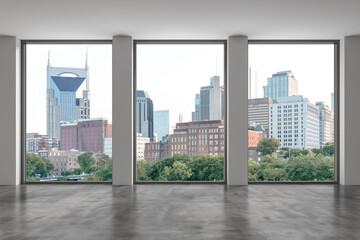 Downtown Nashville City Skyline Buildings from High Rise Window. Beautiful Expensive Real Estate overlooking. Epmty room Interior Skyscrapers View Cityscape. Day time Tennessee. 3d rendering.