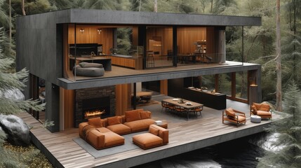 Maison moderne à deux étages offrant une vue imprenable sur la forêt environnante