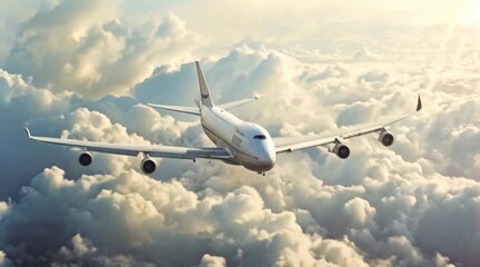 Commercial 747 jet airplane flying through the sky above heavy clouds Generative AI