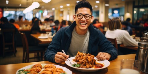 Happy asian mature man eating dinner. ai generated - obrazy, fototapety, plakaty