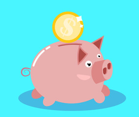 Running piggy bank with gold coin isolated on blue