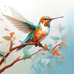 Illustration of a Colorful Flying Rufous Hummingbird Perched on a Branch, Created in Part