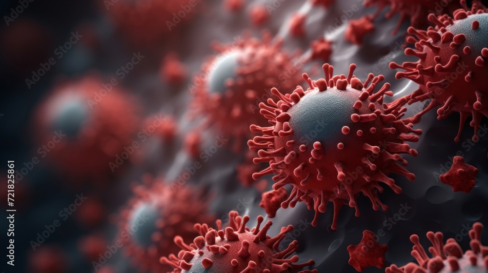 Poster closeup 3d rendering of a red virus structure with surface proteins, highlighting intricate details 