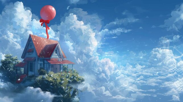 malaysian style house in the top of mountain with pink ballon celebrate for valentine day with full of cloudy sky video on bright weather
