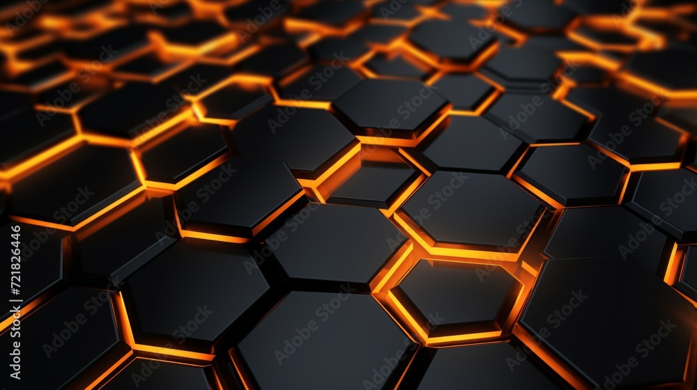 Poster close-up of hexagonal shapes with an orange neon glow evoking a high-tech honeycomb structure.