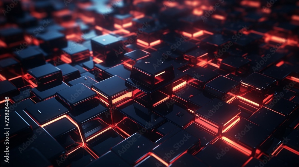 Poster abstract image of red illuminated 3d cubes in a dark environment, symbolizing futuristic technology.