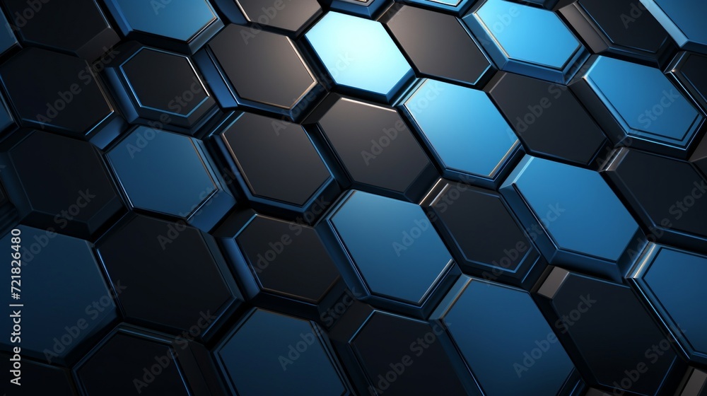 Poster abstract pattern with blue neon light illuminating hexagonal shapes, suggestive of advanced technolo