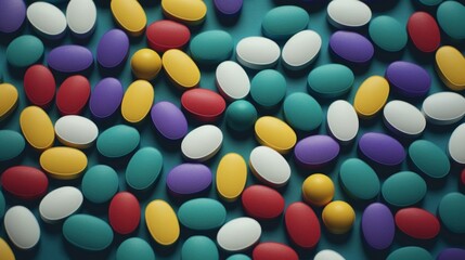 Background of various colorful medication pills tightly packed, healthcare and pharmaceutical concept.