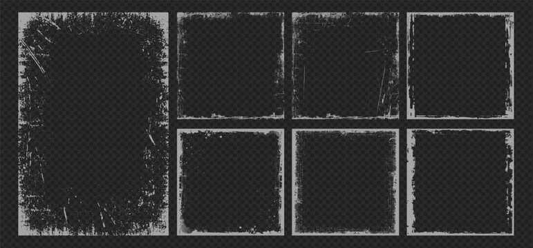 Vector grunge overlay frame set with ink brush stroke and torn paper effect. Vintage grungy paper overlay texture with paint brush art. Dirty photo frame pattern for social media business template.