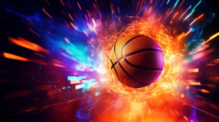 Fototapeta premium A dynamic image capturing a basketball engulfed in flames and blue smoke, conveying motion and intensity.