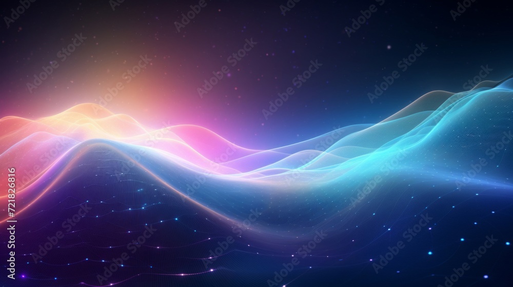 Poster vibrant digital waves in a colorful abstract background setting.