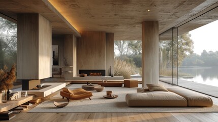 Salon moderne avec vue sur la nature, intégrant harmonieusement l'intérieur et l'extérieur
