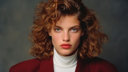 Close-up portrait of a young woman with voluminous curly hair and intense gaze.