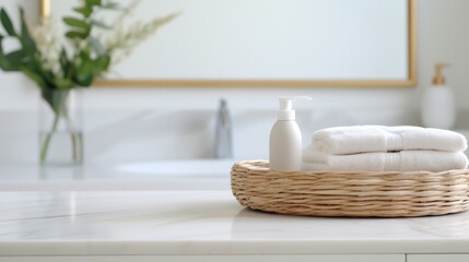 Fototapeta na wymiar White towels on a woven basket, with a clean, elegant bathroom interior.