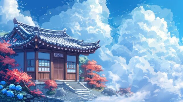 old traditional korean tample house in the top of a hill with moving cloudy sky illustration of korean culture with beautyfull tree