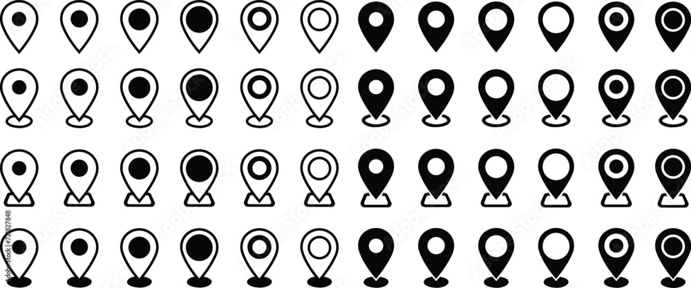 Poster set of location pin icons. map pin place marker. gps location symbols in trendy flat styles editable