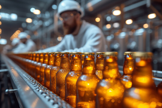 Conveyor with beer bottles at the brewery, a worker in a helmet controls the process - Powered by Adobe
