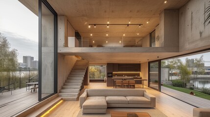 Fototapeta premium Salon moderne avec vue sur la nature, intégrant harmonieusement l'intérieur et l'extérieur