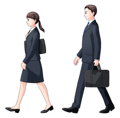 歩くスーツ姿の若い男女　横向き
