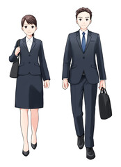 歩くスーツ姿の若い男女　正面