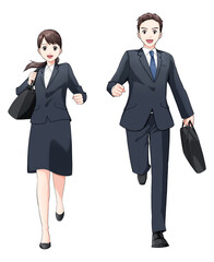 走るスーツ姿の若い男女　正面