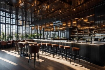 interior of a modern bar/restaurant/coffee shop/caffe at day light