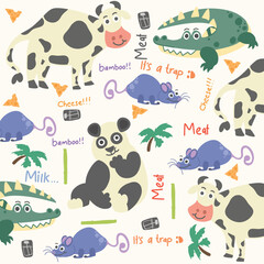 vector collection of cute animals cow, mouse, crocodile, panda with seamless pattern
