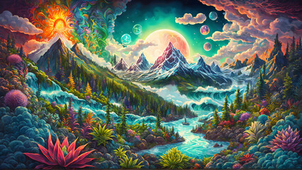 enchanted mountain landscape bathed in the warm glow of a sunset. Mountains with lush greenery, a serene river flowing through the valleys