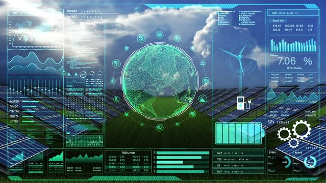 Futuristic Green Energy Interface, Digital interface showcasing green energy analytics, with solar panels and wind turbine imagery, Sustainable earth on a green background