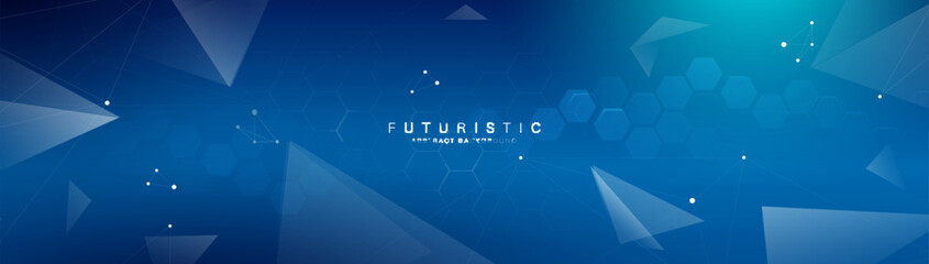 Abstract blue geometric hexagon, triangle, and line connection background. Futuristic digital hi-technology connection concept. Vector banner - obrazy, fototapety, plakaty
