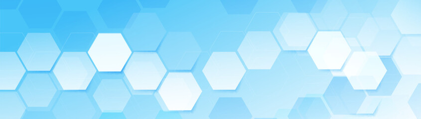 Abstract white geometric hexagon futuristic digital hi-technology on a soft blue background. Healthcare and Science banner. Vector illustration