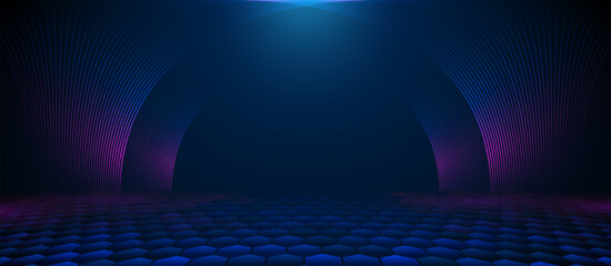 Abstract technology concept in empty theatre stage. Empty stage with neon lighting. Modern minimal lines pattern - obrazy, fototapety, plakaty