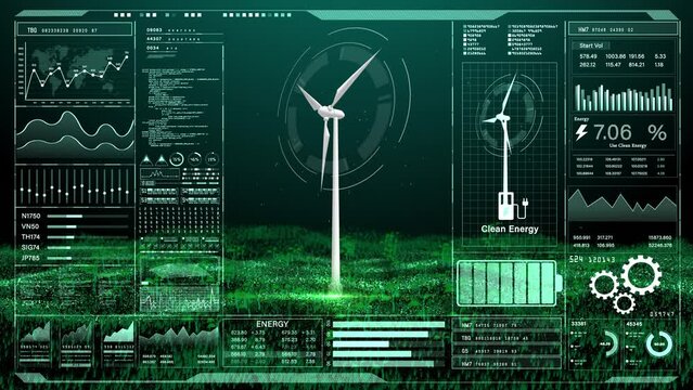Futuristic Clean Energy Interface, Digital interface showcasing data analytics and a wind turbine, symbolizing modern clean energy solutions, Sustainable technology on green background