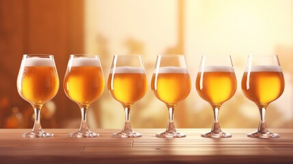 Row of craft beer glasses on a table against a warm sunset background, creating a relaxing mood.
