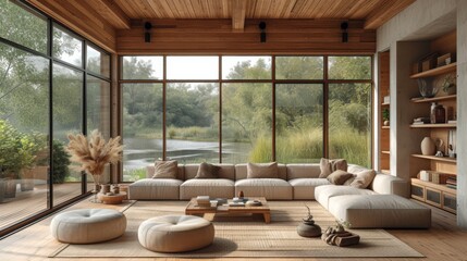 Salon moderne avec vue sur la nature, int&eacute;grant harmonieusement l'int&eacute;rieur et l'ext&eacute;rieur