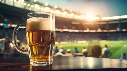 Frothy beer in a glass with blurred soccer stadium in the background, evoking leisure and sport...