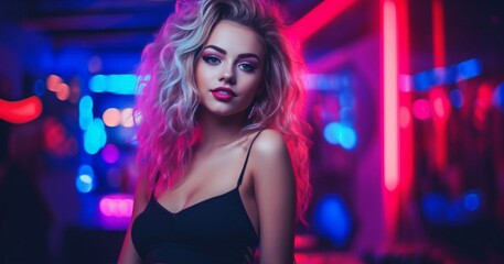 Attractive young woman posing confidently with neon lights in a modern nightclub setting.