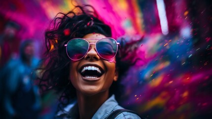 A cheerful young woman with sunglasses enjoying vibrant color splashes during a Holi festival celebration.