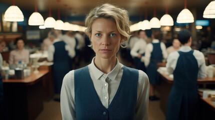 Calm and composed waitress in a bustling retro diner, evoking a sense of nostalgia and service.