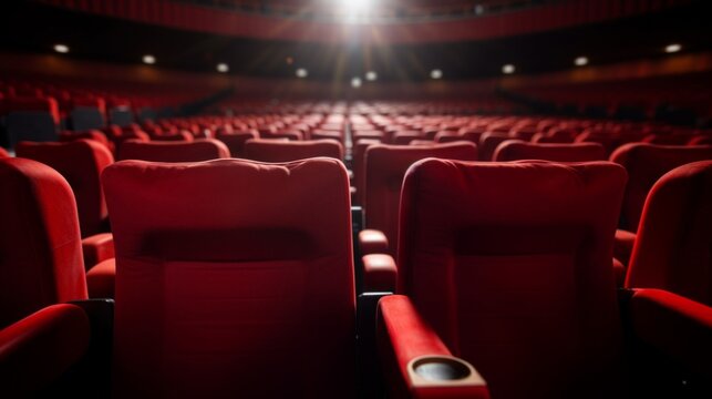 An empty movie theater auditorium with rows of plush red seats under soft lighting, awaiting an audience.